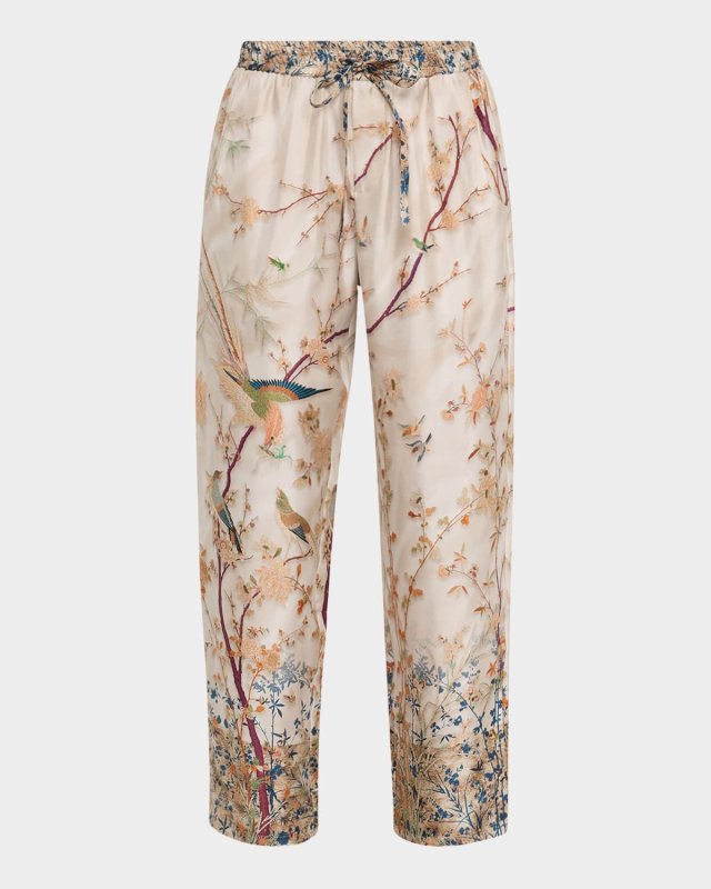Cropped Floral & Bird-Print Silk Pants